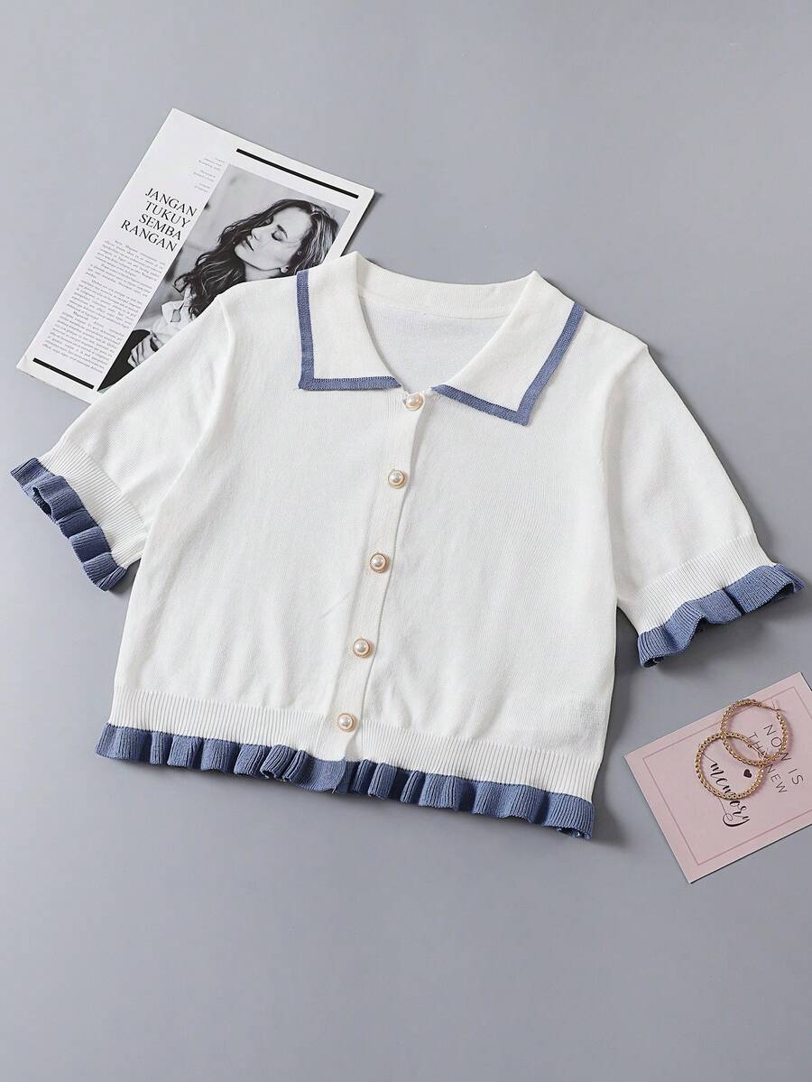 Franclia Women's Contrast Color Polo Collar Short Sleeve Knit Top - White - View 1