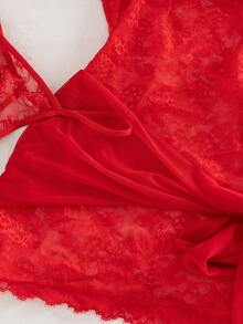 2件套网纱撞色蕾丝性感蝴蝶结内衣套装 - 紅色 - 查看 10