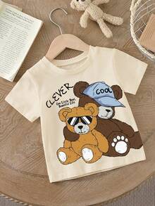 Playful Pals SHEIN Toddler Boys Casual Minimalist Cute Bear Graphic Print Comfortable Light Apricot Knit Crew Neck Short Sleeve T-Shirt, Suitable For Spring/Summer, Loungewear, Outdoor, School Wear - Multicolor - View 2