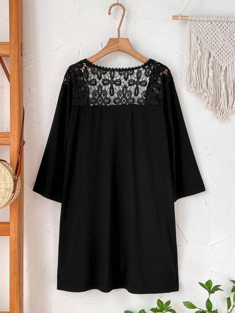 Plus Size Women Floral Lace Patchwork Long Sleeve Loose Open Front Coat For Summer/ Vacation Spring Country Style For Women Black