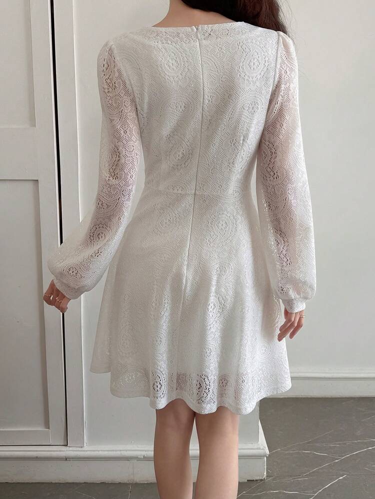 V-Neck Long Sleeve Hollow Out Dress, Design Sense Waist Cinched A-Line Short Dress, Women's Mid-Length Dress Spring Summer Sundress
