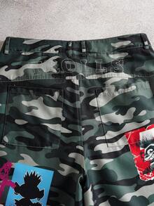 SHEIN Trolls Men's Casual Fashionable Street Camo Print Skull Embroidery Denim Shorts, Suitable For Daily Commute In Summer - Army Green - View 4