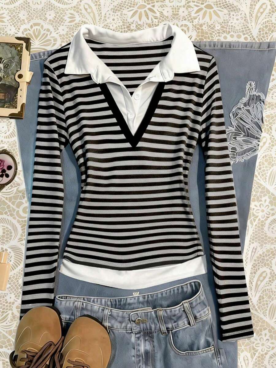 Noixe Women's Striped Print Casual Pullover Long Sleeve Top - Black and White - View 1