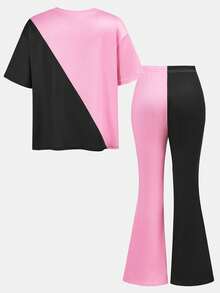 SHEIN Tween Girl Casual Cute Street T-Shirt Heart & Print With Flare Pants Set - Multicolor - View 7
