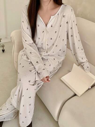DAZY 大码女式碎花长袖纽扣上衣和裤子睡衣套装