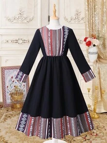 New Design Young Girls Black Long Sleeve Round Neck Geometric Pattern Polyester A Line Dress For Vacation With Flared Hem - Black - View 4
