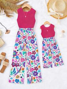 SHEIN Tween Girl Solid Color Round Neck Tank Top And Floral Print Wide Leg Pants Casual Outfit - Multicolor - View 6