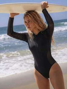 Swim SPRTY Women's Surfing Suit Beach Vacation Sports Long Sleeve Jumpsuit Swimsuit, Black Front Zipper One-Piece Casual Versatile Swimwear - Black - View 1