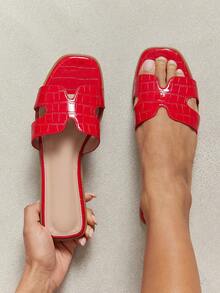 SHUZIA 史上最畅销女式奢华风镂空露趾经典鳄鱼皮红色拖鞋春季鞋