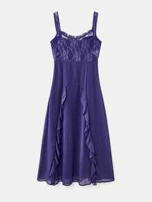 SHEIN Unity Deep Purple Maxi Dress,Lace Bust Detail Delicate Straps Soft Ruffled Skirt Elegant Summer Evening Party Dress French Parisian Style - Purple - View 2