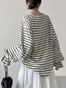 FRIFUL Women's Striped Polka Dot Print Loose Fit Round Neck Drop Shoulder Long Sleeve Casual T-Shirt - Black and White - View 5