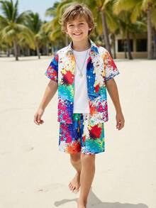 Fantacosmos 2pcs/Set Tween Boys' Casual Splatter Paint Colorful Short Sleeve Shirt And Shorts Set, Suitable For Summer Vacation, Beach, And Streetwear, School, Campus, College - Multicolor - View 5