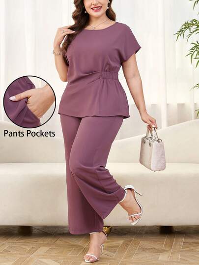 Reflora Conjunto de 2 piezas para mujer talla grande, top de manga corta y pantalón largo de unicolor elegante, adecuado para uso casual y de oficina en primavera/verano