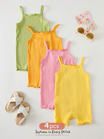 Cozy Pixies 4pcs Baby Girl Solid Color Knit Soft Camisole Romper Set