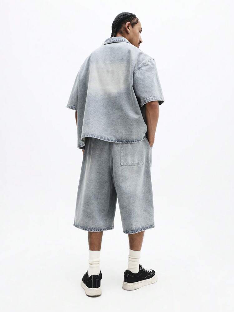 Denim Shirt And Wide Leg Shorts Set