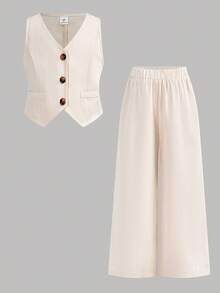 Firerie Kids 两件套女童杏色亚麻质感西装背心+宽松直筒裤，百搭通勤都市女孩时尚套装，可爱休闲日常装 - 杏色 - 查看 10