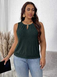 SHEIN LUNE Plus Size Women Ribbed Gold Buckle Teardrop Casual Tank Top - Dark Green - View 5