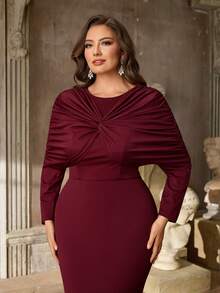 Aureia Plus Size Elegant Burgundy Spring Evening Dress,Angora Red Twist Knot Crew Neck Long Sleeve Fitted Fishtail Hem,Date Ball Wedding Bridesmaid - Red - View 2