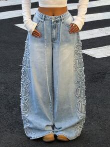 Muchica Washed Blue Women's Letter Applique Pocket Wide Leg Loose Casual Jeans - Blue - View 4