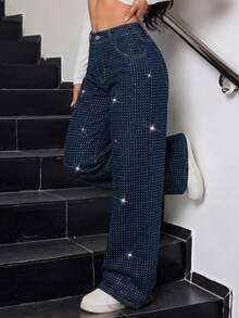 SHEIN BAE Jeans de pierna ancha con brillos y adornos de strass de moda para mujer, ideales para fiestas de Año Nuevo y eventos chic de invierno - Azul lavado oscuro - Ver 2