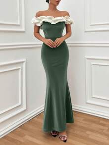 EURMUSE Two Tones Off Shoulder Ruffle Trim Bodycon Dress, Elegant Dress - Army Green - View 6