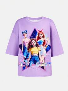 SHEIN 2件套少女KPOP女团印花宽松T恤+针织裤，休闲时尚百搭，适合派对、郊游、与朋友拍照、公园、露营、度假、日常休闲穿着 - 紫色 - 查看 7