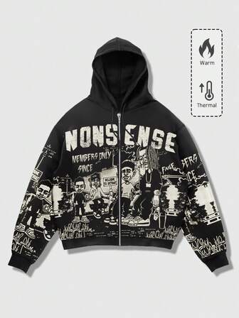 Street Life بلوزة هوديي رجالية مطبوع عليها حرف وشخصية كرتونية، سحاب أمامي وسير خصر، للخريف والشتاء