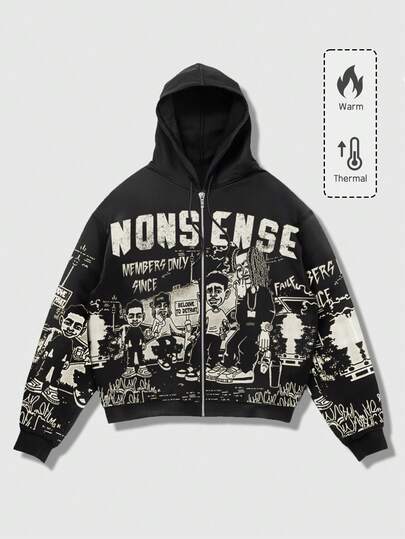 Street Life Men's Autumn Street Letter & Cartoon Character Print Zip Front Drawstring Hoodie Sweatshirt, Winter