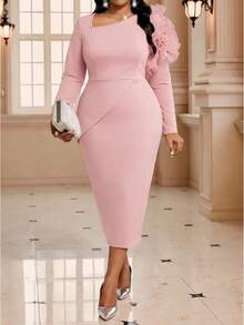 Fleurora 大码纯色简约长袖休闲连衣裙 - 粉色 - 查看 5