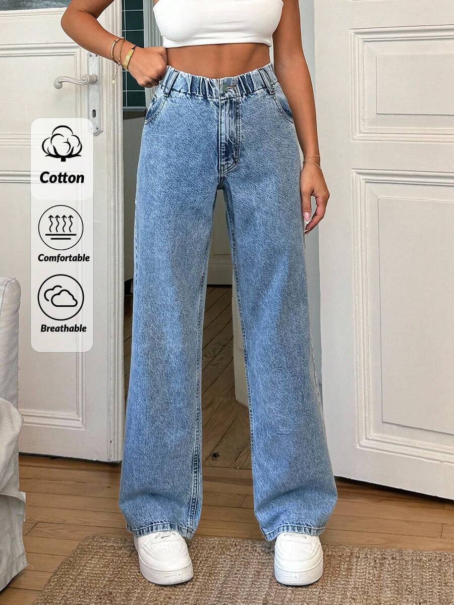 EURMUSE 100% Cotton Elastic Belt Detailed Straight Cut Jean - Light Wash - View 1