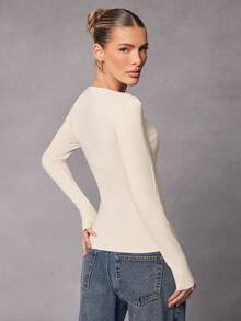 Hauture 休闲纯色扭结不对称设计长袖上衣 - 杏色 - 查看 3