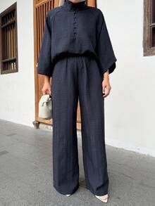 DAZY 2pcs/Set Women High Collar Puff Sleeve Casual Pants Suit - Navy Blue - View 6