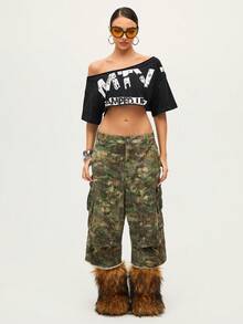 MTV | SHEIN Women's Letter Pattern Asymmetric Neckline Casual Short Sleeve Top - Black - View 1