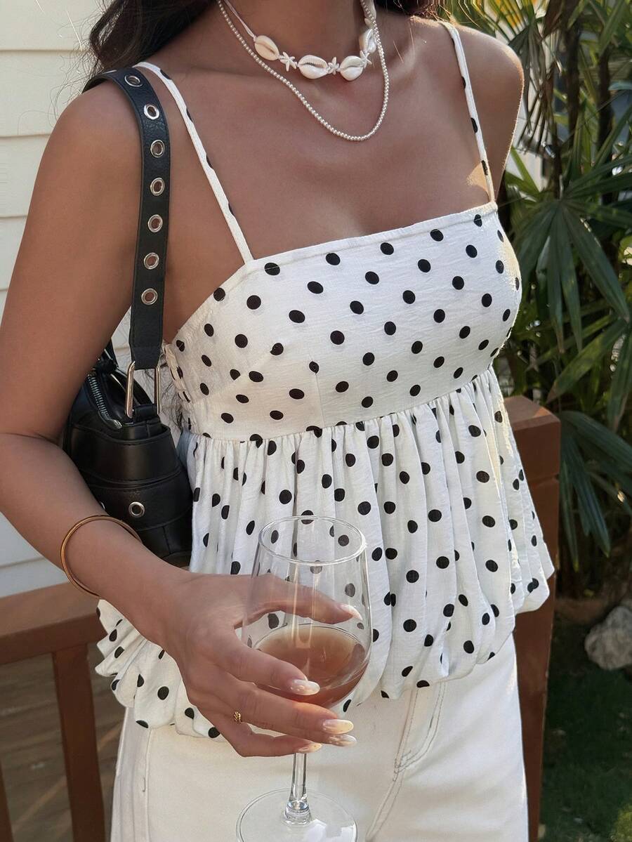 DAZY Women's Polka Dot Camisole Tank Top, Suitable For Summer Vacation Y2k - Black and White - View 1