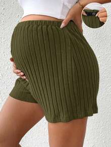 SHEIN 孕妇休闲日常通勤纯色罗纹可调节腰带短裤，夏季 - 軍綠色 - 查看 1