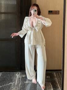 Dazy Plus Plus Size Lace Trim Ruffle Hem Top And Pants Pajama Set - White - View 4