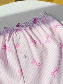 SHEIN 2件套少女亚麻纯色条纹蝴蝶结印花短裤，夏季服装，度假装，夏季短裤，沙滩度假装 - 粉色 - 查看 4