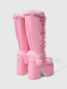 ROMWE Women's Autumn/Winter New High-Value Tall Boots, Round Toe Thick Heel Super High Heel Punk Sexy Furry Boots, Thick Sole High Heel Long Boots Valentine's Day - Pink - View 3