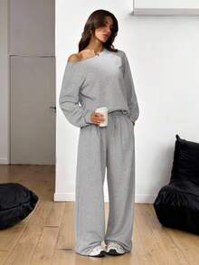 SHEIN Tall 女士秋冬/夏季四季街头风外出露肩长袖灰色卫衣搭配松紧腰高腰灰色长裤两件套，舒适百搭。 - 灰色 - 查看 2