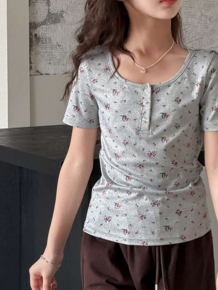 Tween Girl Ditsy Floral Button-Up Short Sleeve Casual T-Shirt Summer