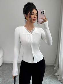 Selianne Fashionable V-Neck Contrast Lace Faux Cardigan Slim Casual White Sweater For Women - White - View 3
