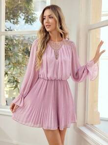 MOTF PREMIUM WOMEN'S PLEATED RUFFLE HEM MESH PATCHWORK MINI DRESS - Violet Purple - View 5