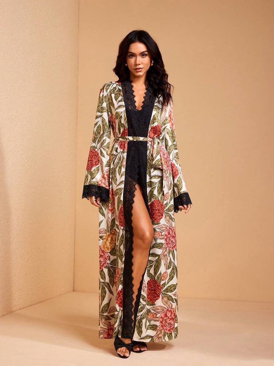 JIAN LASALA Floral Print Satin Silk-Like Elegant Women Loose Maxi Robe With Lace Trim Long Bell Sleeves - Multicolor - View 1