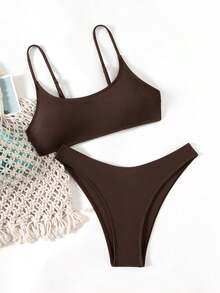 SHEIN Swim 纯色比基尼套装，适合海滩度假 - 咖啡棕 - 查看 5