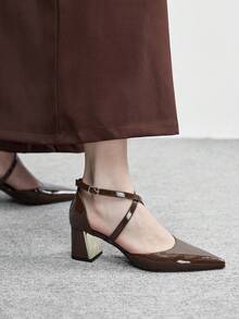 CUCCOO BIZCHIC Giày nữ mũi nhọn, đế dày, gót trung bình, màu nâu bóng, quai chéo, khoét lỗ, giày cao gót nữ thời trang, thoải mái, phù hợp đi làm, công sở, đa năng, giày khoét lỗ nữ cho ngày Valentine - Màu cà phê - Xem 5