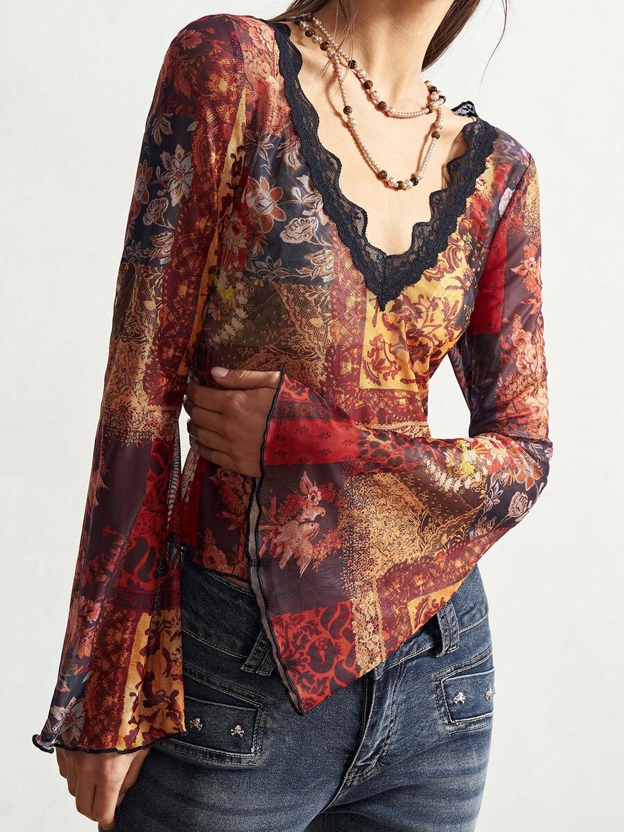 Bohemela Casual Knit Mesh Patchwork Lace V-Neck Flare Sleeve Fitted Cropped Women Top - Mocha Brown - View 1