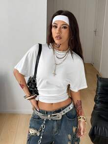 Coolane 女士秋季极简主义Y2K基础日常休闲返校街头风弹力白色宽松褶皱短款T恤黑白两件套 - 藏蓝色 - 查看 6