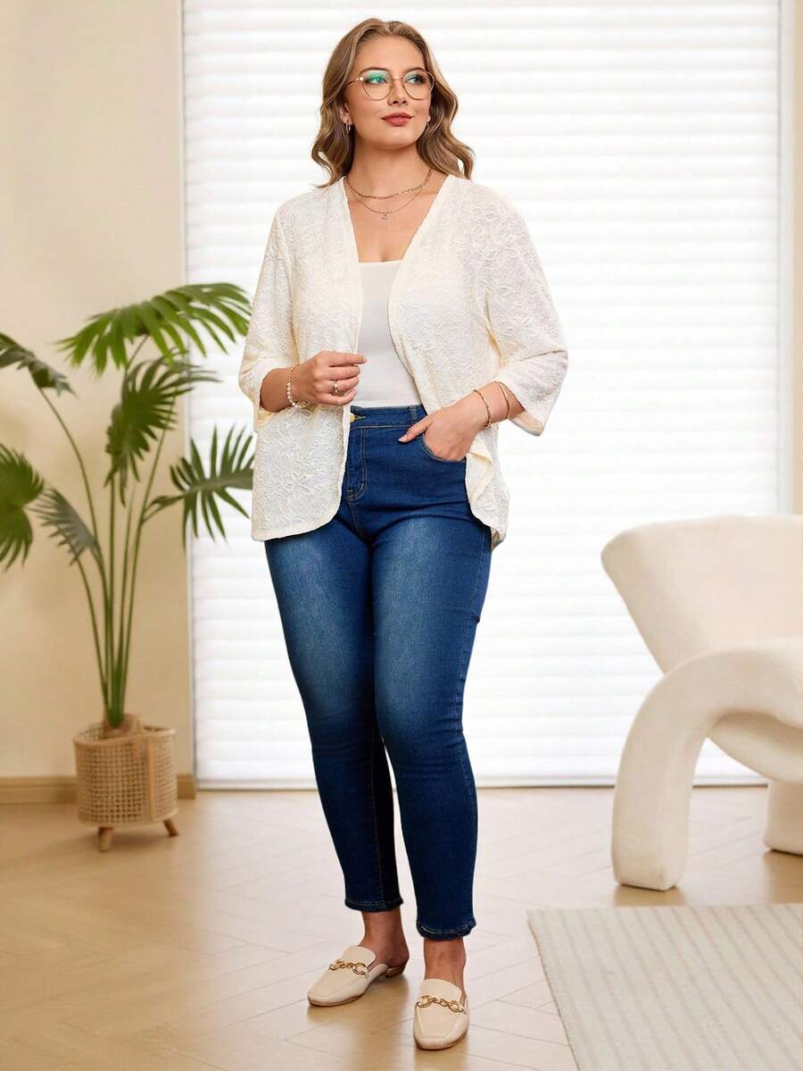 Rosumi Plus Size Elegant Solid Color Jacquard Commuter Jacket,Spring/Summer - Apricot - View 1