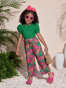 2pcs/Set Young Girl Knitted Solid Green Round Neck Puff Sleeve Top And Loose Casual Floral Print Wide Leg Pants - Green - View 4