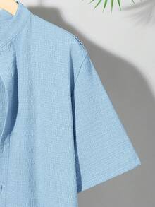 SHEIN Teen Boys' Solid Color Single-Breasted Short Sleeve Textured Casual Shirt, Comfortable And Fashionable For Summer, Suitable For Casual, School, Travel, And Beach Vacation Light Blue Shirt Short Sleeve Shirt Mandarin Collar Shirt - Baby Blue - View 8